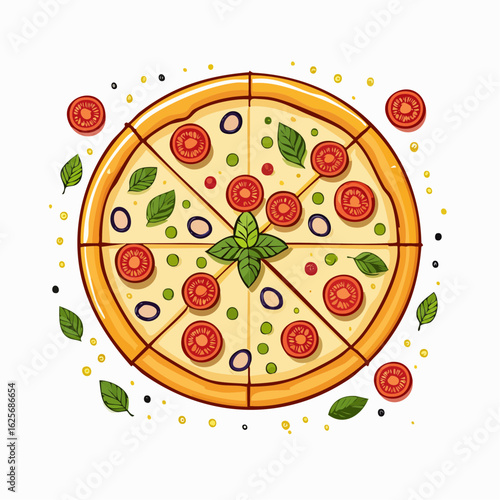 Delicious vegetarian pizza artfully presented with fresh tomatoes basil and olives