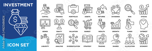 investment icon collection set. Containing capital,finance,portfolio,assets,returns,dividends,risk,stocks,bonds,equity icon. Simple line vector.	