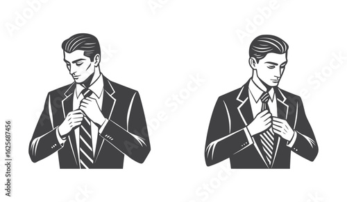 Stylish Black and White Line Drawing of a Man in Suit Adjusting His Tie for Elegant Fashion Concepts
