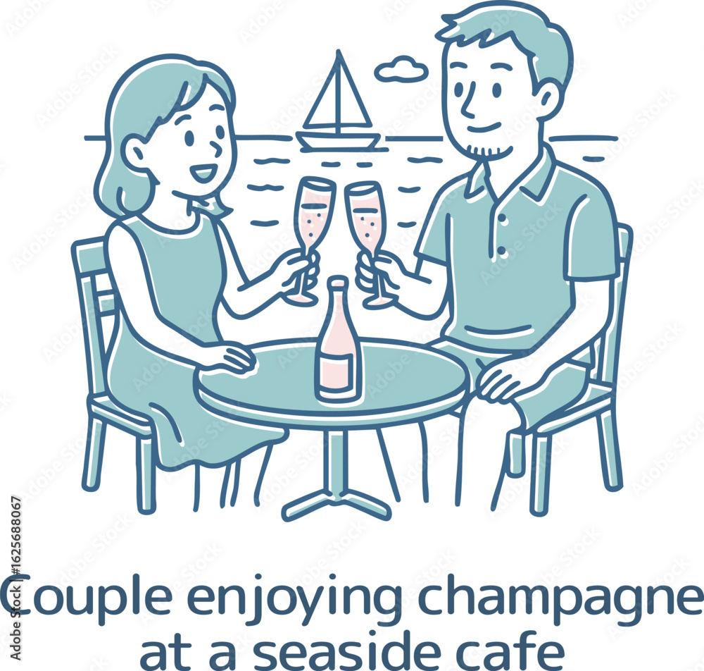 海辺のカフェでシャンパンを楽しむカップル
A couple enjoying champagne at a seaside cafe 海辺のカフェでシャンパンを楽しむカップル
A couple enjoying champagne at a seaside cafe