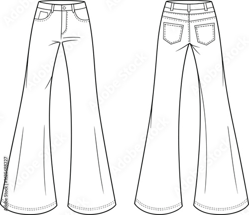 Wide leg flared jeans flat sketch, women’s denim pants front and back cad drawing, fashion vector, technical garment design illustration