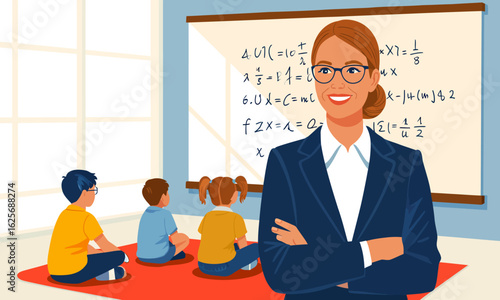 Math Teacher in Classroom with Students Illustration