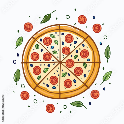 Deliciously Illustrated Pizza with Fresh Tomatoes and Basil Sprinkles on a White Background
