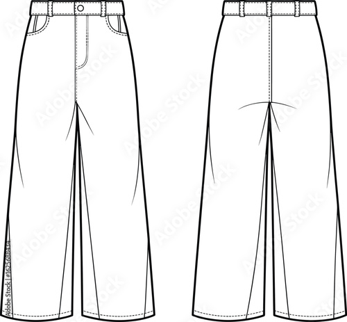 Wide leg pants flat sketch, women’s straight trousers front and back view, cad drawing, technical fashion vector, garment design illustration