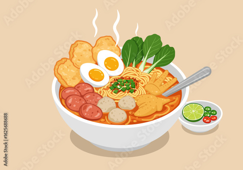 A steaming bowl of spicy Asian noodles with various delicious toppings and a side of lime.