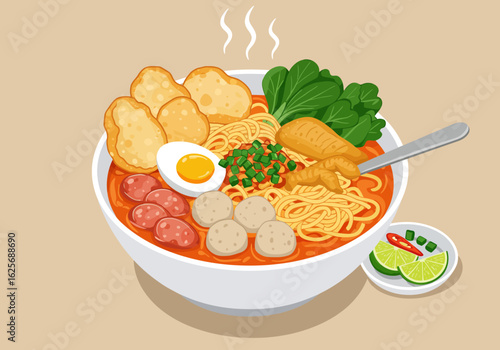 A vibrant illustration of a steaming bowl of Asian noodle soup, richly garnished with egg, meatballs, vegetables, and fried toppings, served with lime and chili.