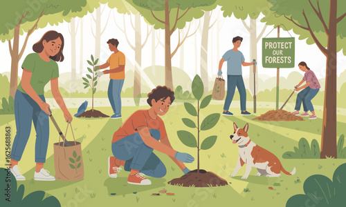 Reforestation Effort: Community Planting Trees for Forest Protection