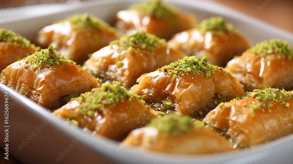 Golden Brown Baklava with Pistachios in a White Dish Golden Brown Baklava with Pistachios in a White Dish