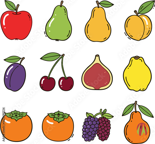 A colorful set of various fruit illustrations. Vector collection of cute cartoon food icons like apple, pear, and cherry.