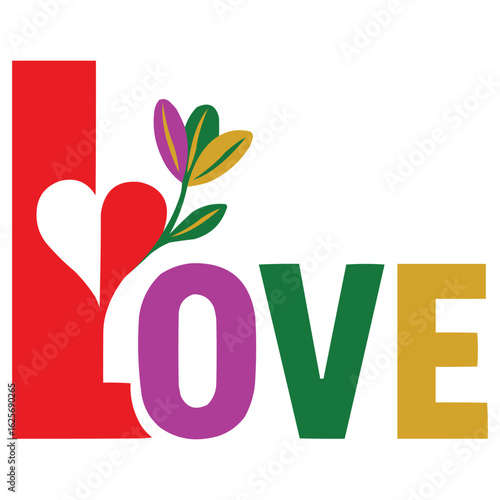 Colorful Love Typography Design with Heart and Floral Elements – Modern Romantic Vector Art