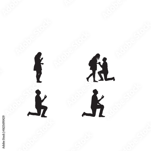 Man Proposing to Woman Silhouette on White Background – Vector Illustration for Love, Romance, and Marriage Proposal Concepts