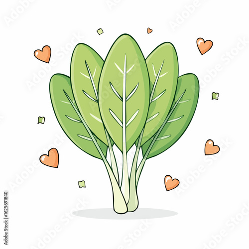 Adorable illustration of spinach bunch surrounded by hearts and squares on a white background
