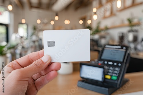 A hand holds a blank white credit card in front of a blurred cafe interior with a payment terminal