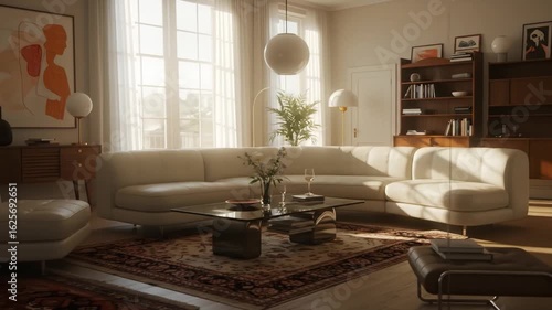 Bright modern living room interior with beige sofa and morning sunlight