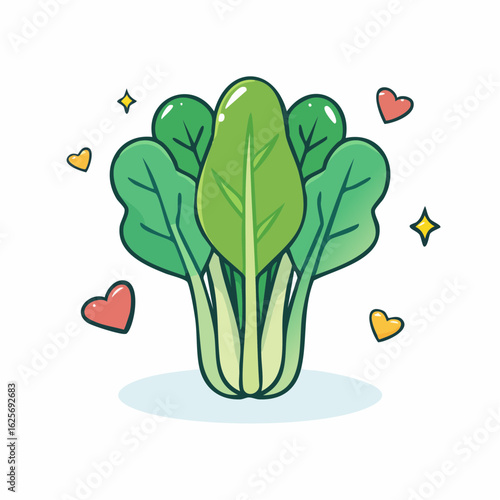 Cute bok choy vegetable illustration with hearts and stars surrounding the plant