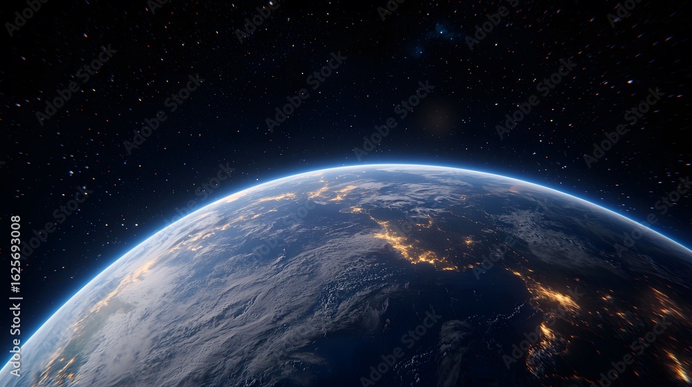 Obraz premium An image depicting Earth from space showcases atmospheric curvature, city lights, and twinkling stars against an expansive, dark cosmos, evoking a sense of cosmic beauty.