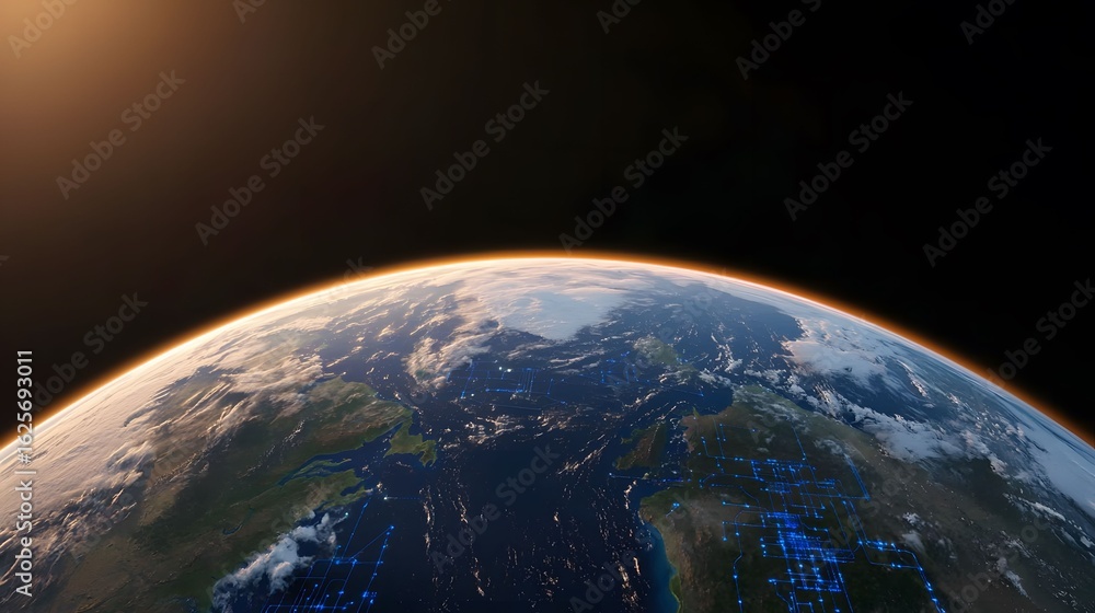 Fototapeta premium The image showcases a mesmerizing view of Earth from space, illuminated by the sun's golden glow, with the digital network connecting continents, set against a dark backdrop.