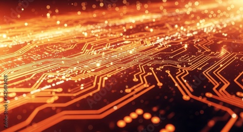 Abstract close-up of a glowing circuit board with vibrant orange lights and intricate patterns on a dark background showcasing technology and innovation