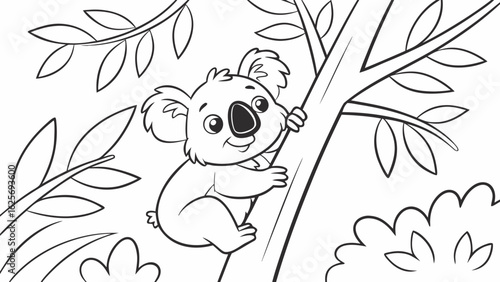 Vector Cartoon funny Koala, funny image in the forest, Coloring book page for children. Line Art isolated on white background