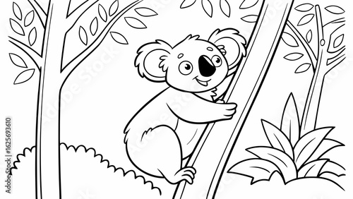 Vector Cartoon funny Koala, funny image in the forest, Coloring book page for children. Line Art isolated on white background