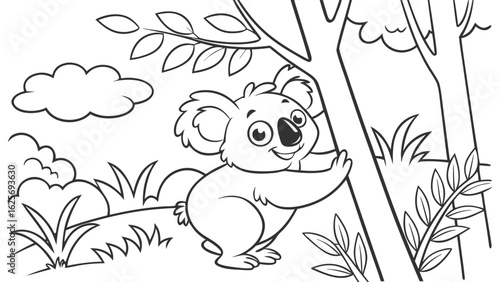 Vector Cartoon funny Koala, funny image in the forest, Coloring book page for children. Line Art isolated on white background