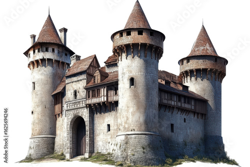 Medieval stone castle with round towers
