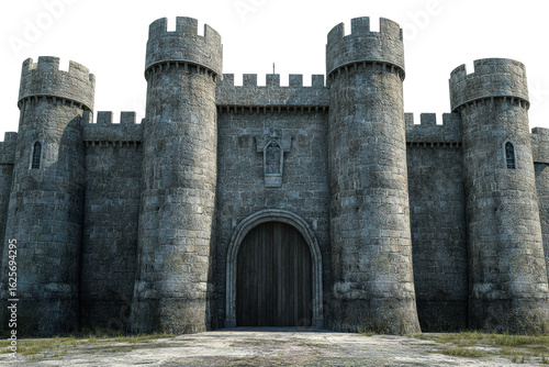 Medieval stone castle with cylindrical towers
