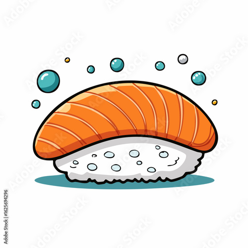 Charming sushi nigiri illustration with fresh salmon topping and surrounding bubbles