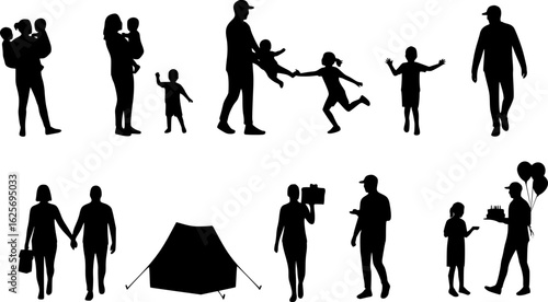 Set of family silhouettes depicting various interactions. vector illustration isolated on white background.
