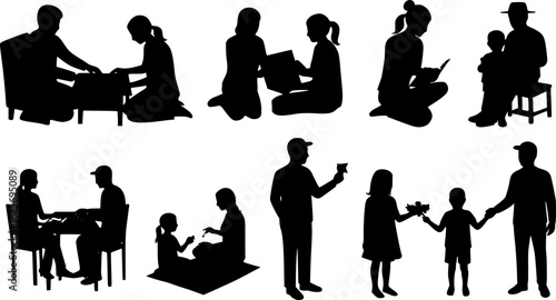 Set of family silhouettes depicting various interactions. vector illustration isolated on white background.
