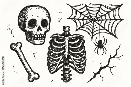 Spooky Halloween Sketchy Doodle Style Black and White Anatomy Illustrations