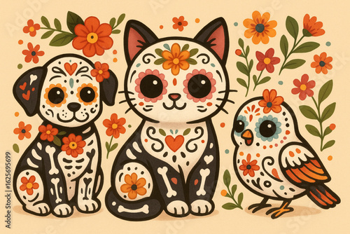 Día de Muertos Cartoon Pets with Sugar Skull Designs, Flat Vector Illustration