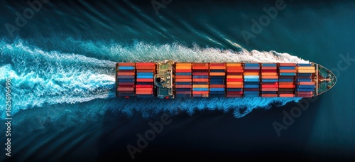 Aerial view of a cargo ship sailing through dark blue ocean waters