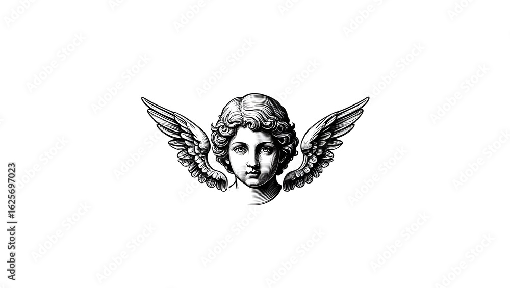 Naklejka premium Monochromatic depiction of an angelic figure rendered with delicate detail and shading effects.