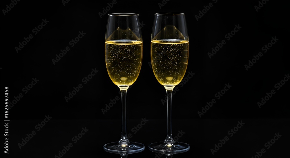 Two champagne flutes filled with bubbly, golden liquid symbolize celebration on black backdrop. Two champagne flutes filled with bubbly, golden liquid symbolize celebration on black backdrop.