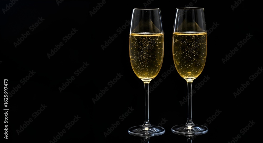 Two champagne flutes filled with sparkling liquid, standing elegantly against a dark backdrop. Two champagne flutes filled with sparkling liquid, standing elegantly against a dark backdrop.