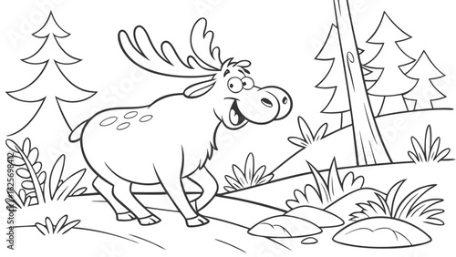 Vector Cartoon funny Moose, funny image in the forest, Coloring book page for children. Line Art isolated on white background