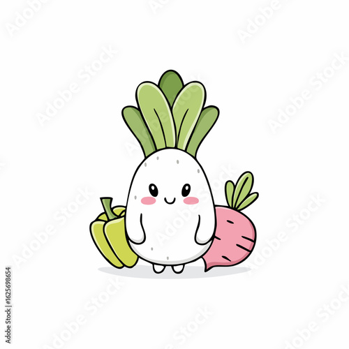 Whimsical vegetable trio: A delightful cartoon of a daikon radish with its veggie friends