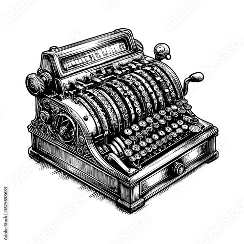 Vintage cashier machine engraving black and white outline. Scratch board imitation.  illustrated in vintage line art style on a white background.