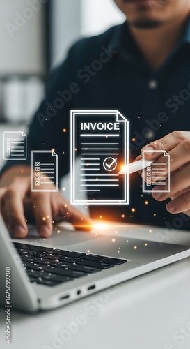 Businessman using laptop with invoice document icon for online business payment and financial paperwork management concept, digital technology and accounting