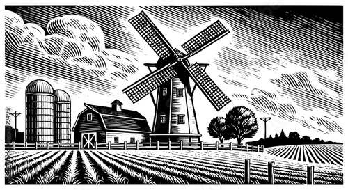 Dutch windmill in farmland sketch engraving black and white outline. Scratch board imitation.