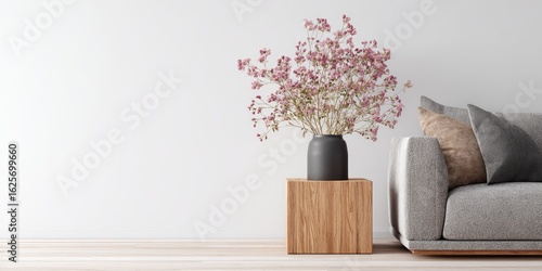 Simple living room with muted tones and dried flowers