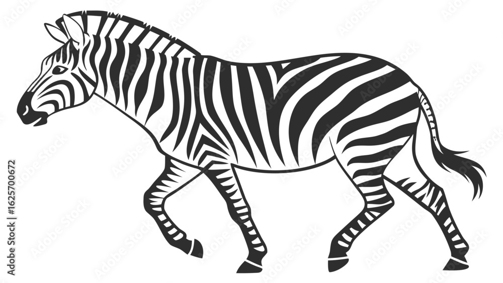 Fototapeta premium Illustration of a zebra in motion with black and white stripes on its body and legs standing out