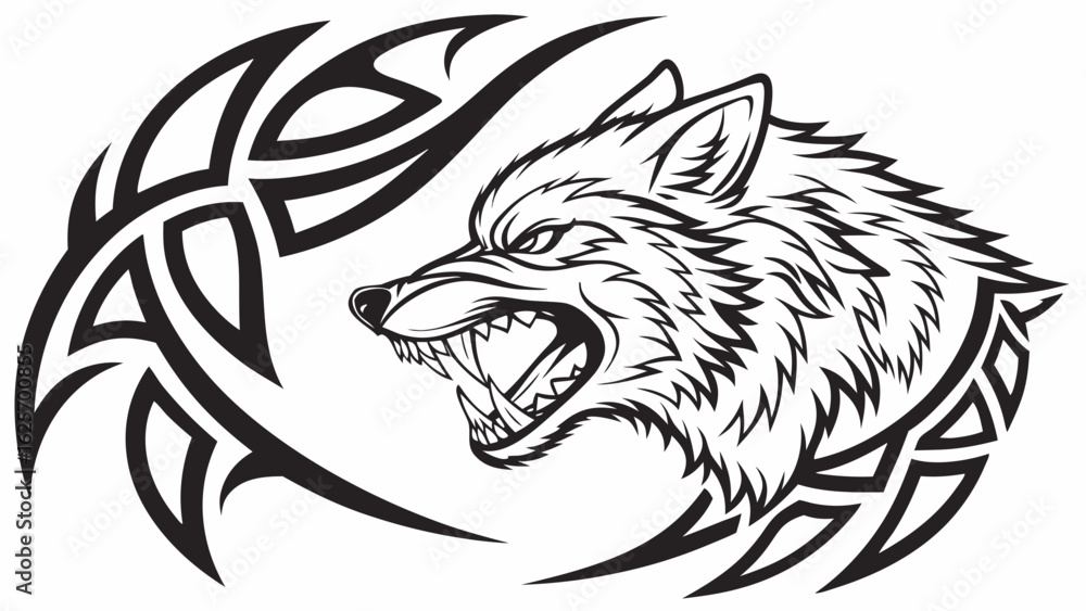 Fototapeta premium Illustration of an angry wolf head with sharp teeth surrounded by tribal tattoo elements design art