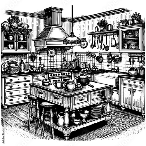 retro kitchen	in Black and White Detailed Illustration generative ai image
