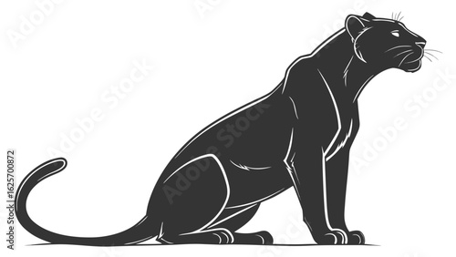 Illustration of a sleek black panther sitting gracefully with its tail curled to the side in a vector art style