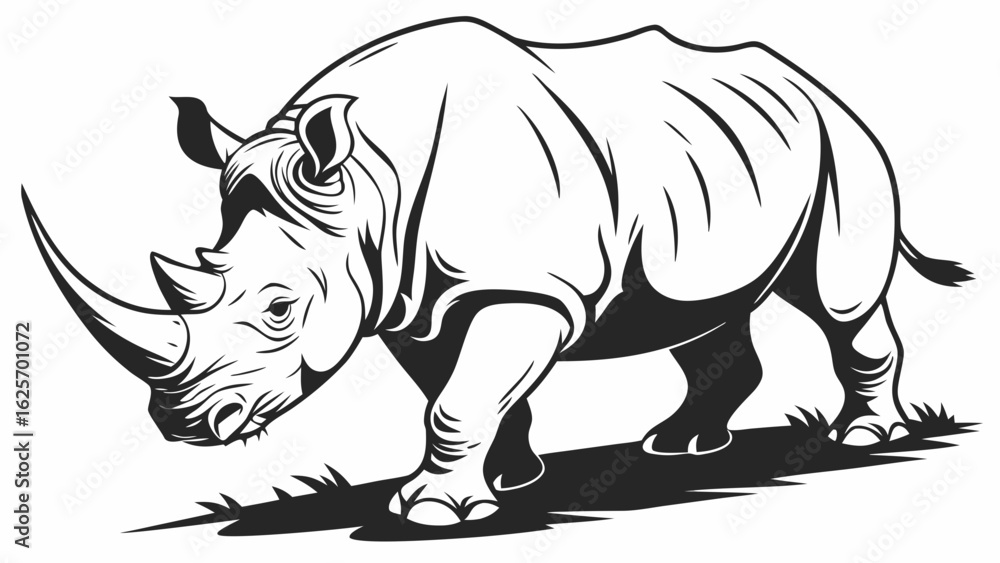 Obraz premium Illustration of a rhinoceros walking through grass in black and white outline style design image