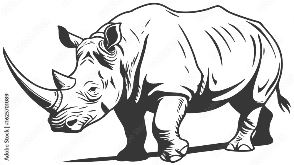 Fototapeta premium Illustration of a rhinoceros in black and white with detailed line work showing its strong build and horns