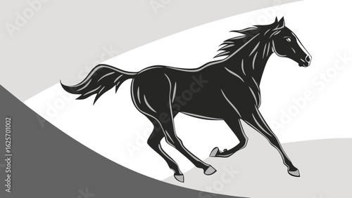 A monochrome illustration of a black horse galloping against a gray and white background design