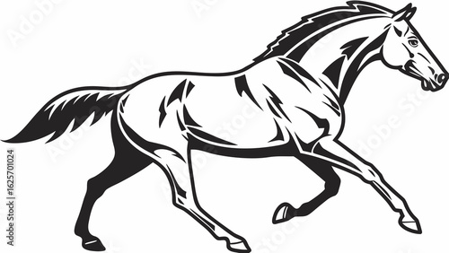 Illustration of a black and white horse running with flowing mane and tail in a dynamic pose design